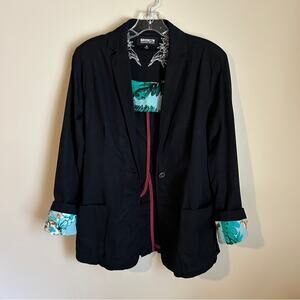 Brooklyn Industries Black/Multicolor Floral Cuffs Pockets Long Blazer Sz Medium